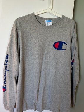 Champion Gray Tee with Blue and Red Logo Tag
